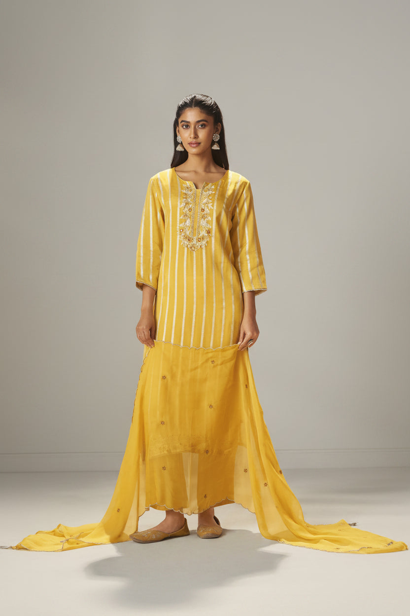 Yellow Organza Jacquard Festive Kurta Set
