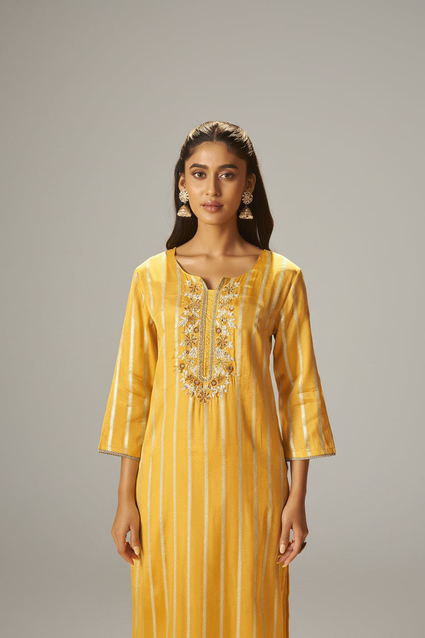 Yellow Organza Jacquard Festive Kurta Set