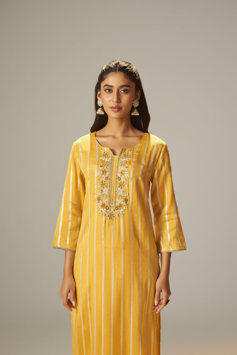 Yellow Organza Jacquard Festive Kurta Set