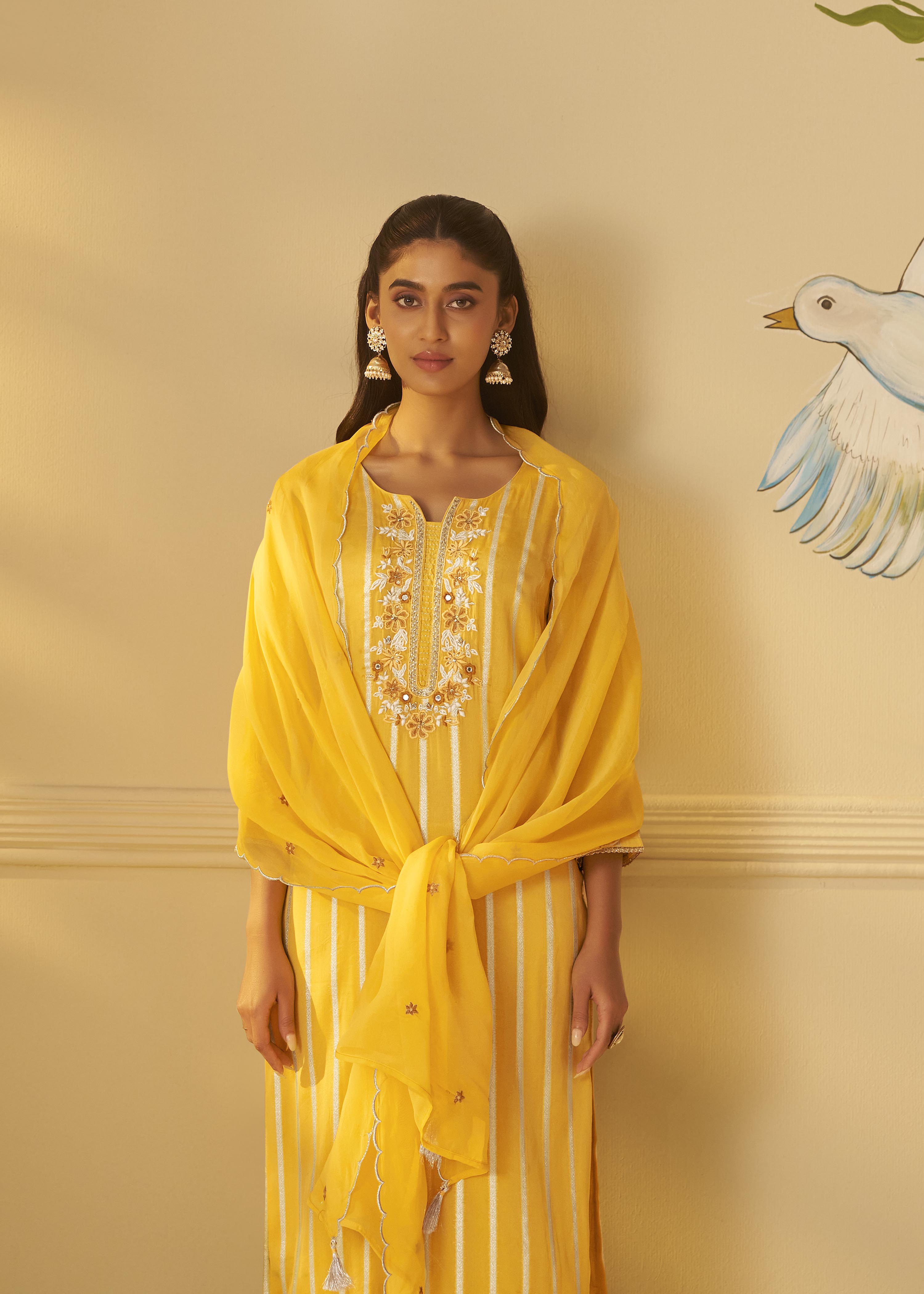 Yellow Organza Jacquard Festive Kurta Set