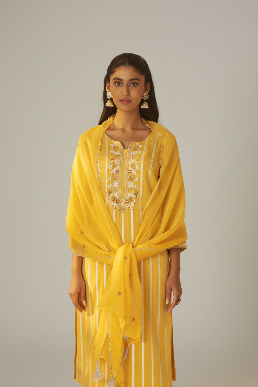 Yellow Organza Jacquard Festive Kurta Set