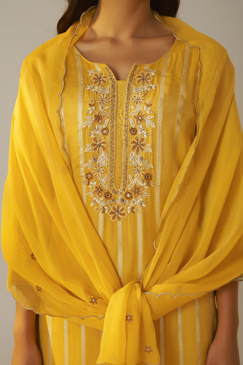 Yellow Organza Jacquard Festive Kurta Set