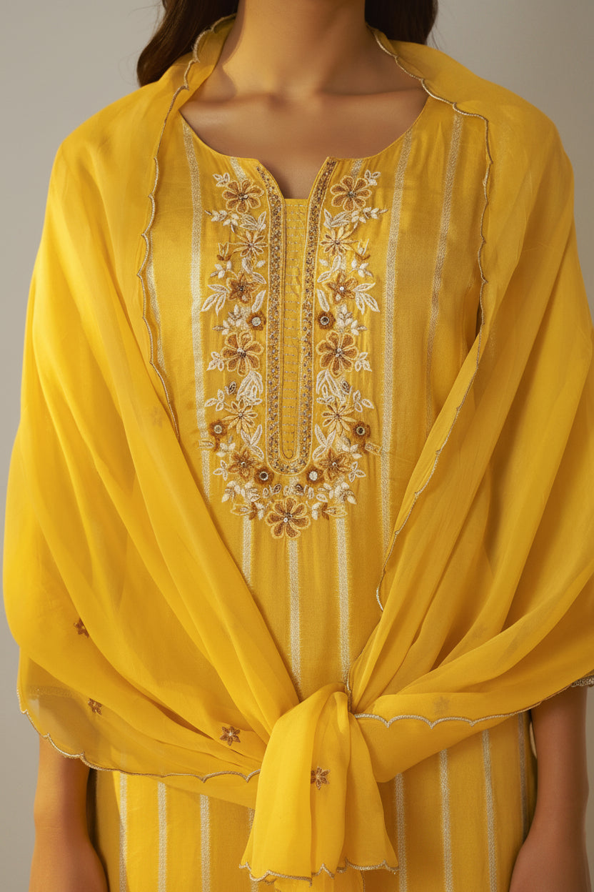 Yellow Organza Jacquard Festive Kurta Set