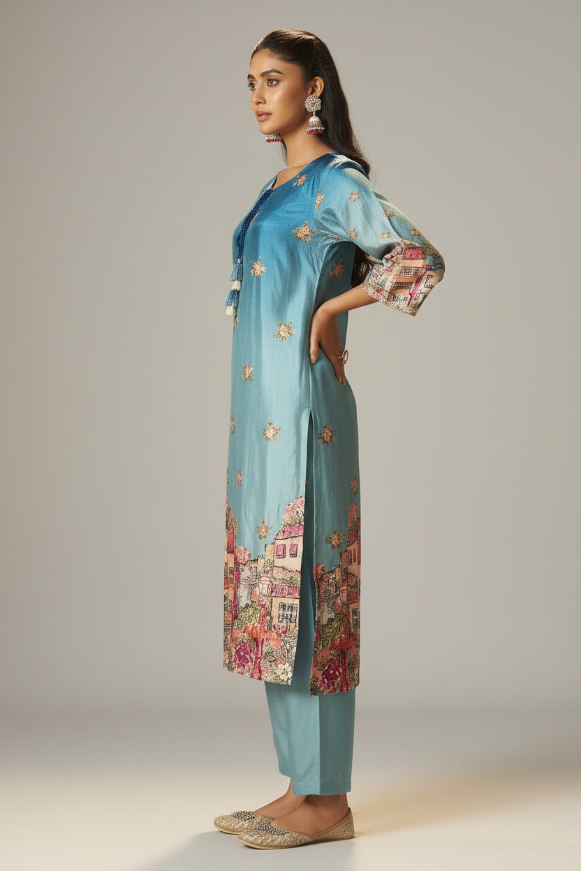 Azure Dola Shaded Digital Kurta Set