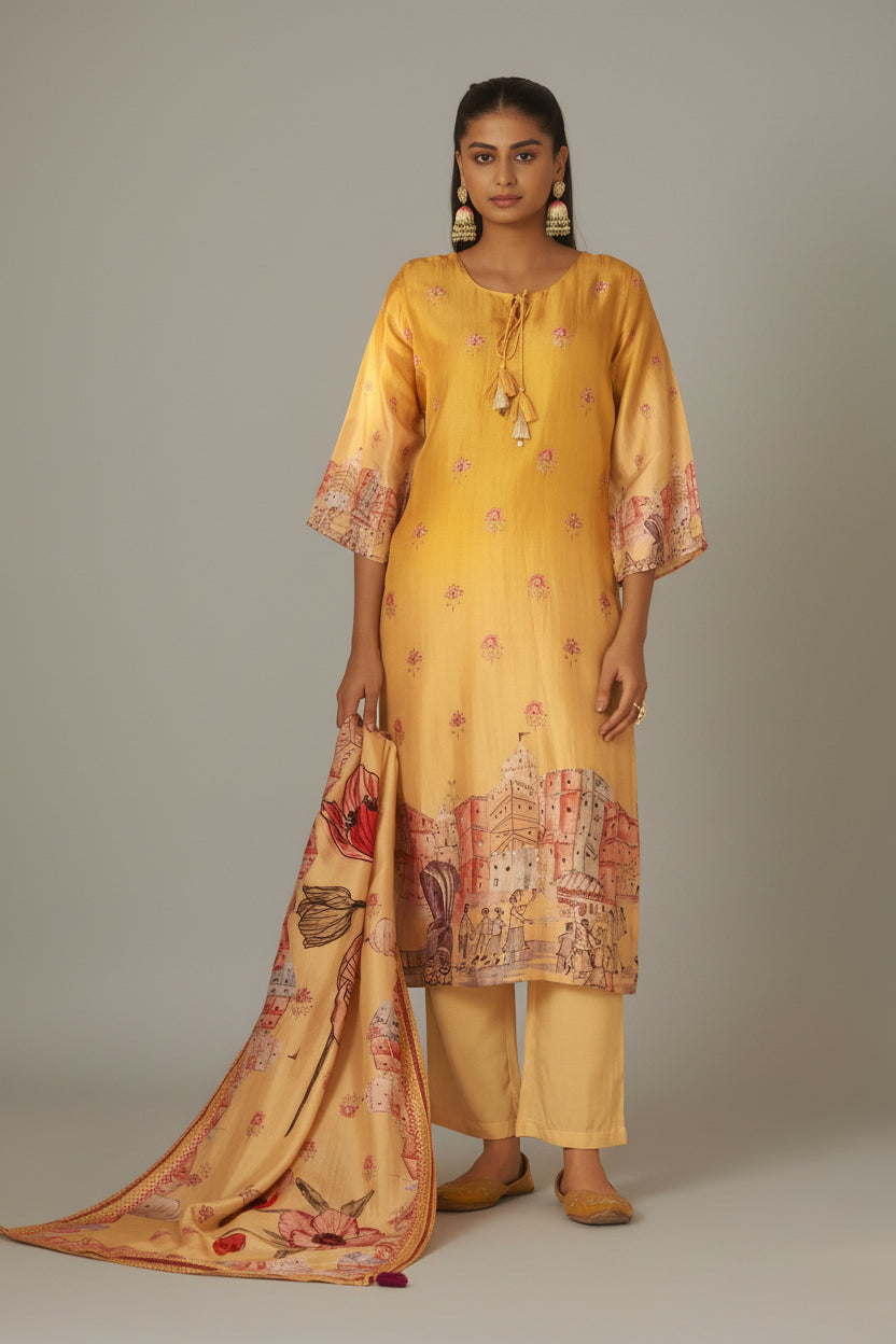 Suryam Yellow Dola Silk Kurta Set