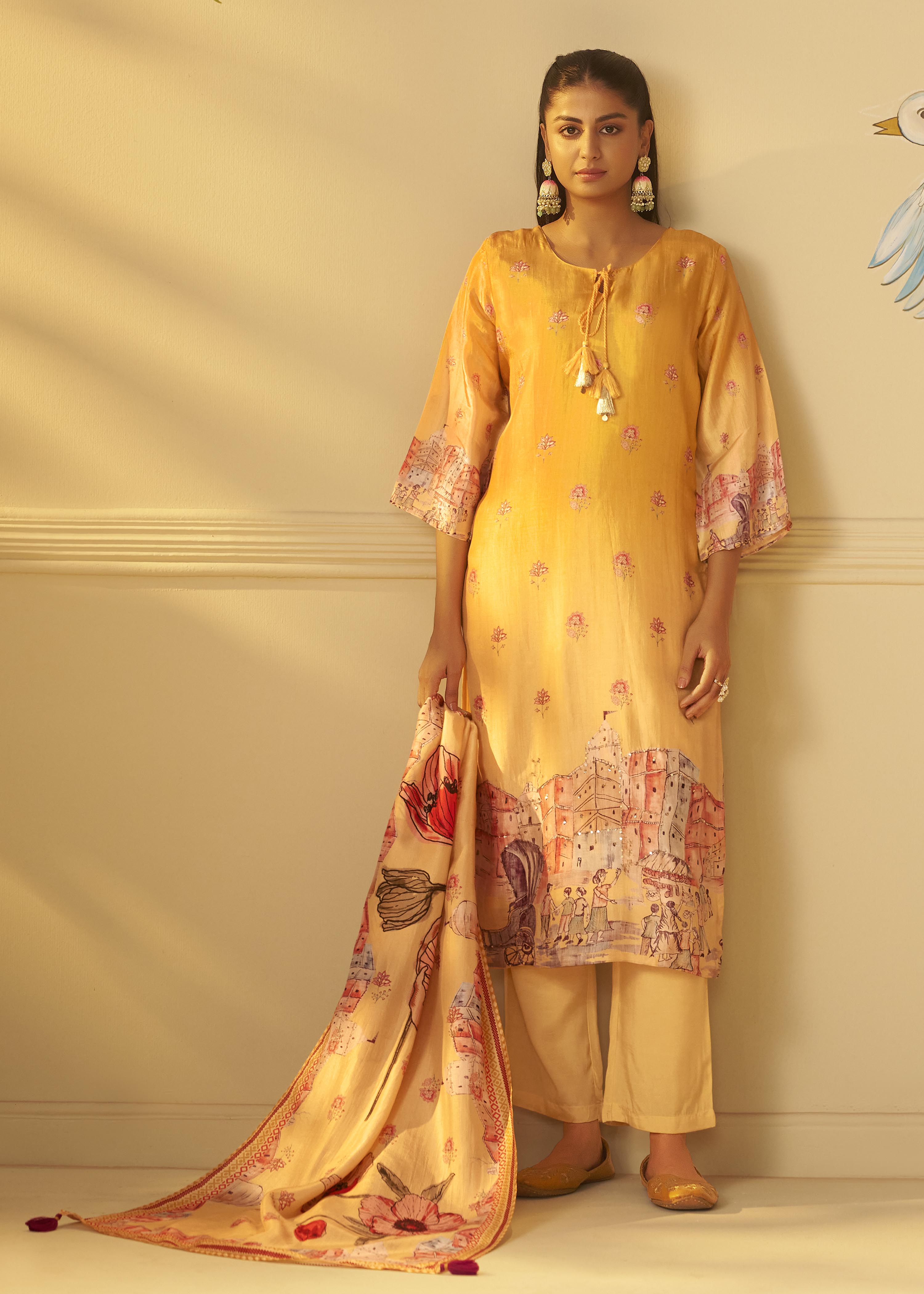 Suryam Yellow Dola Silk Kurta Set