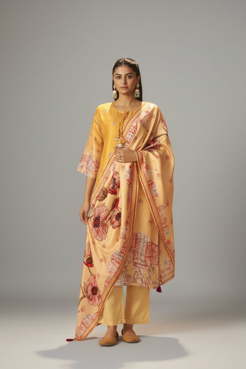 Suryam Yellow Dola Silk Kurta Set