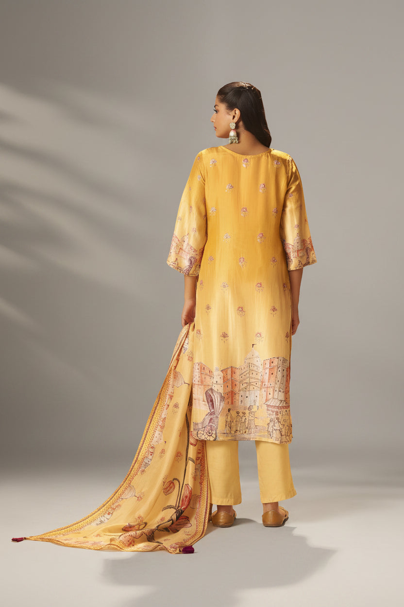 Suryam Yellow Dola Silk Kurta Set