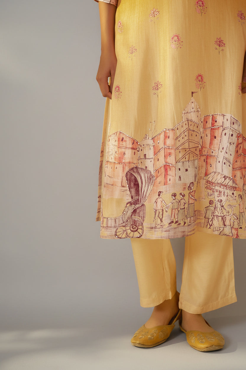 Suryam Yellow Dola Silk Kurta Set