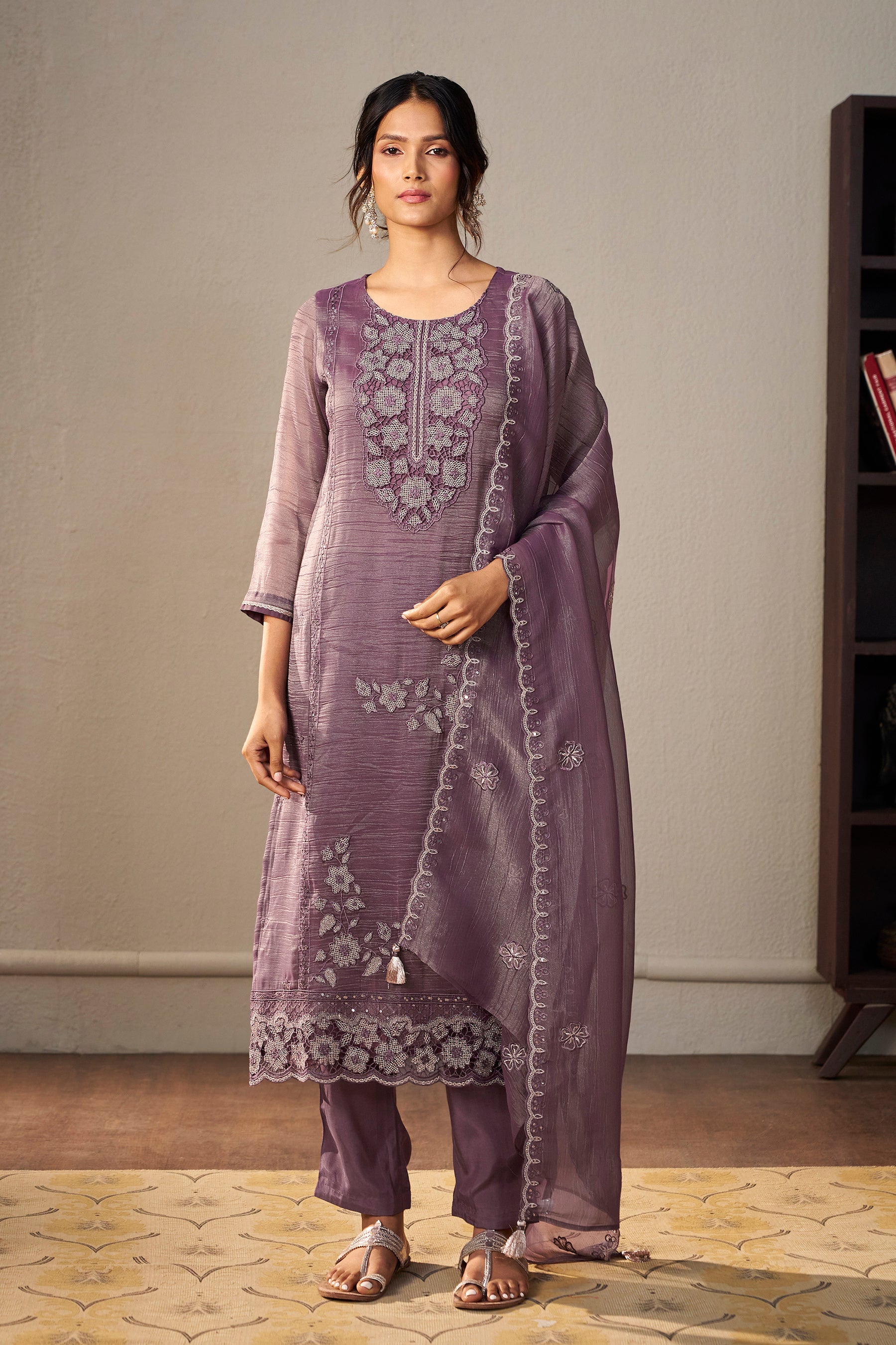 Crush Organza Border Embroidery Set – Purple