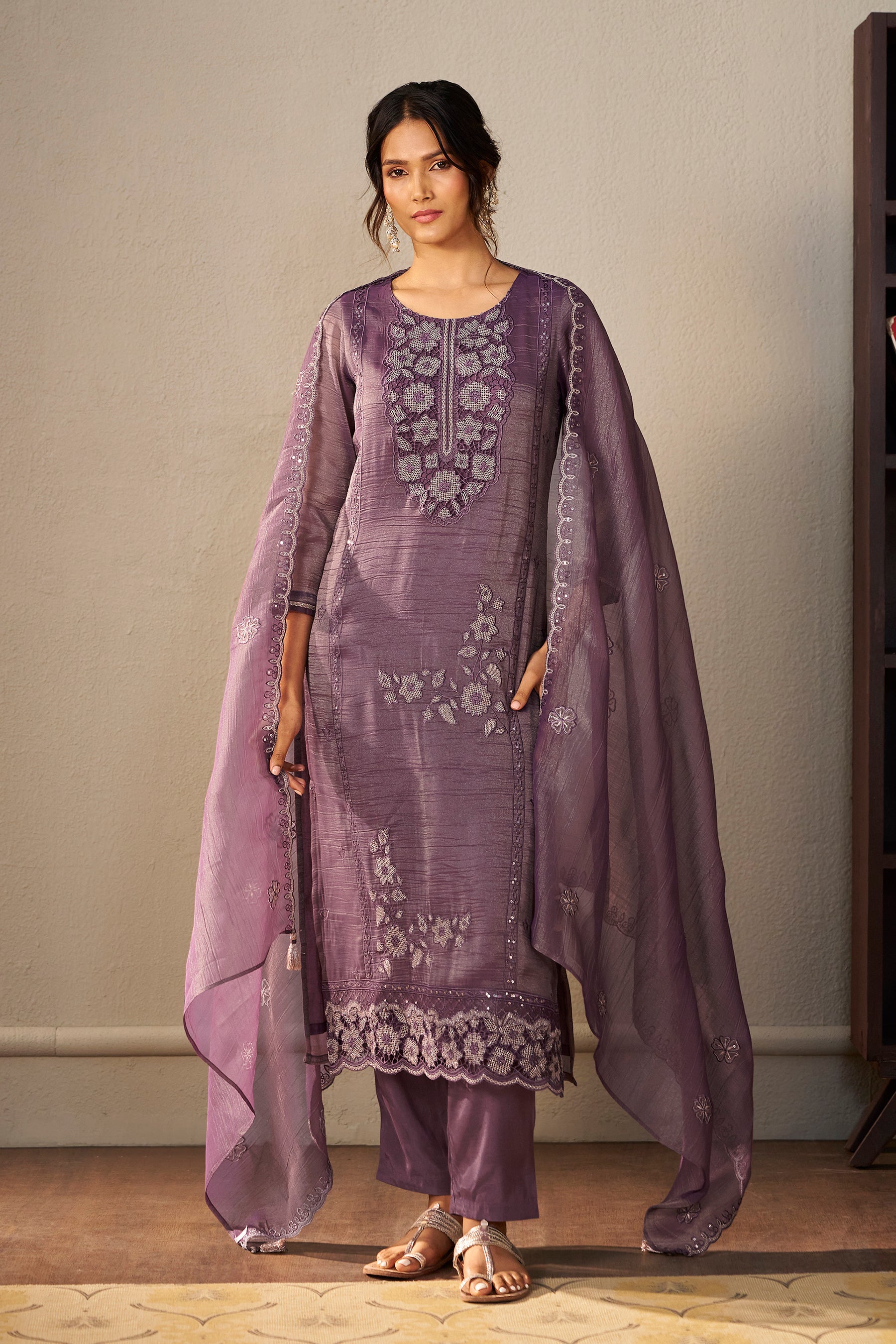 Crush Organza Border Embroidery Set – Purple