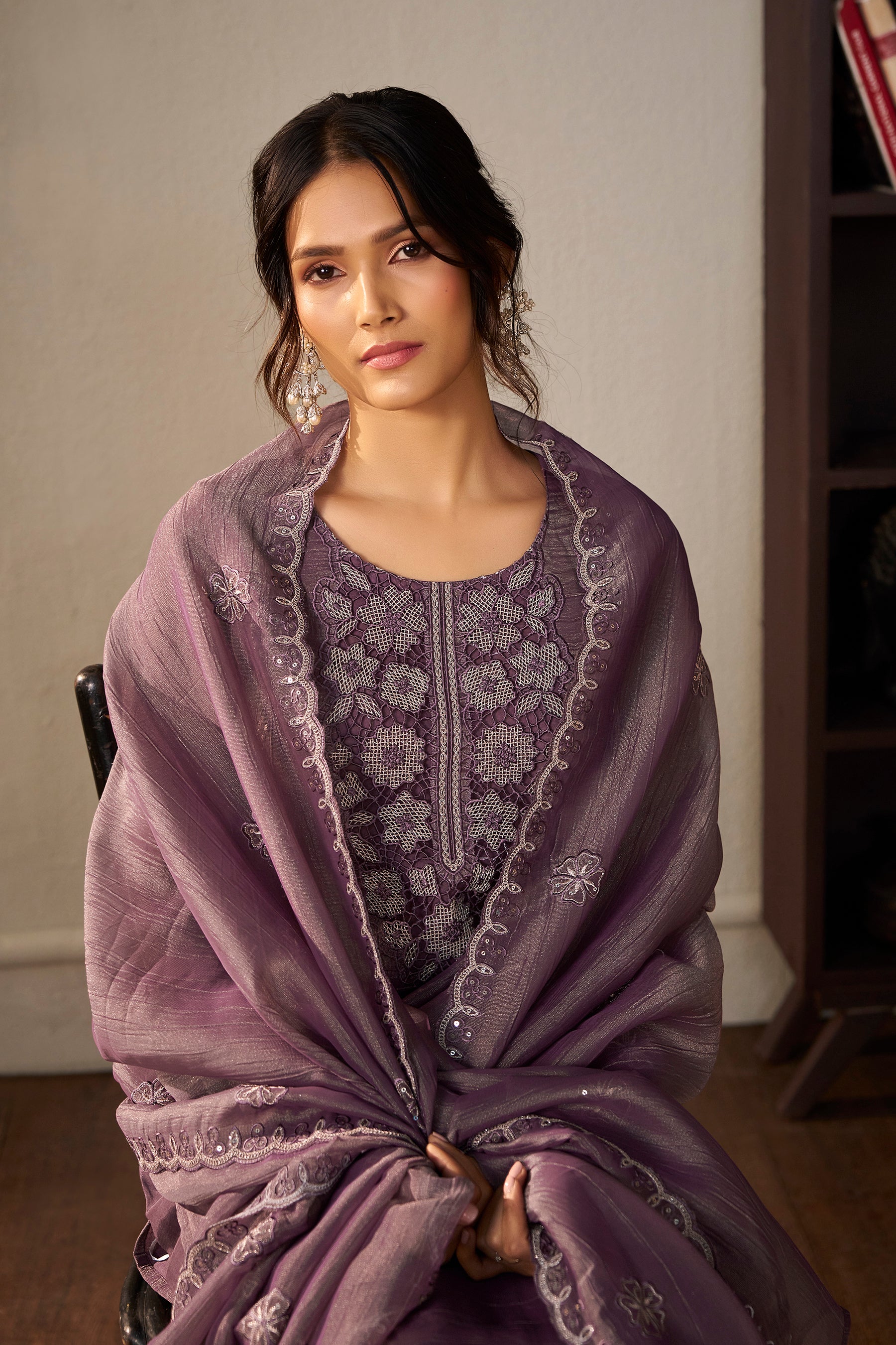 Crush Organza Border Embroidery Set – Purple