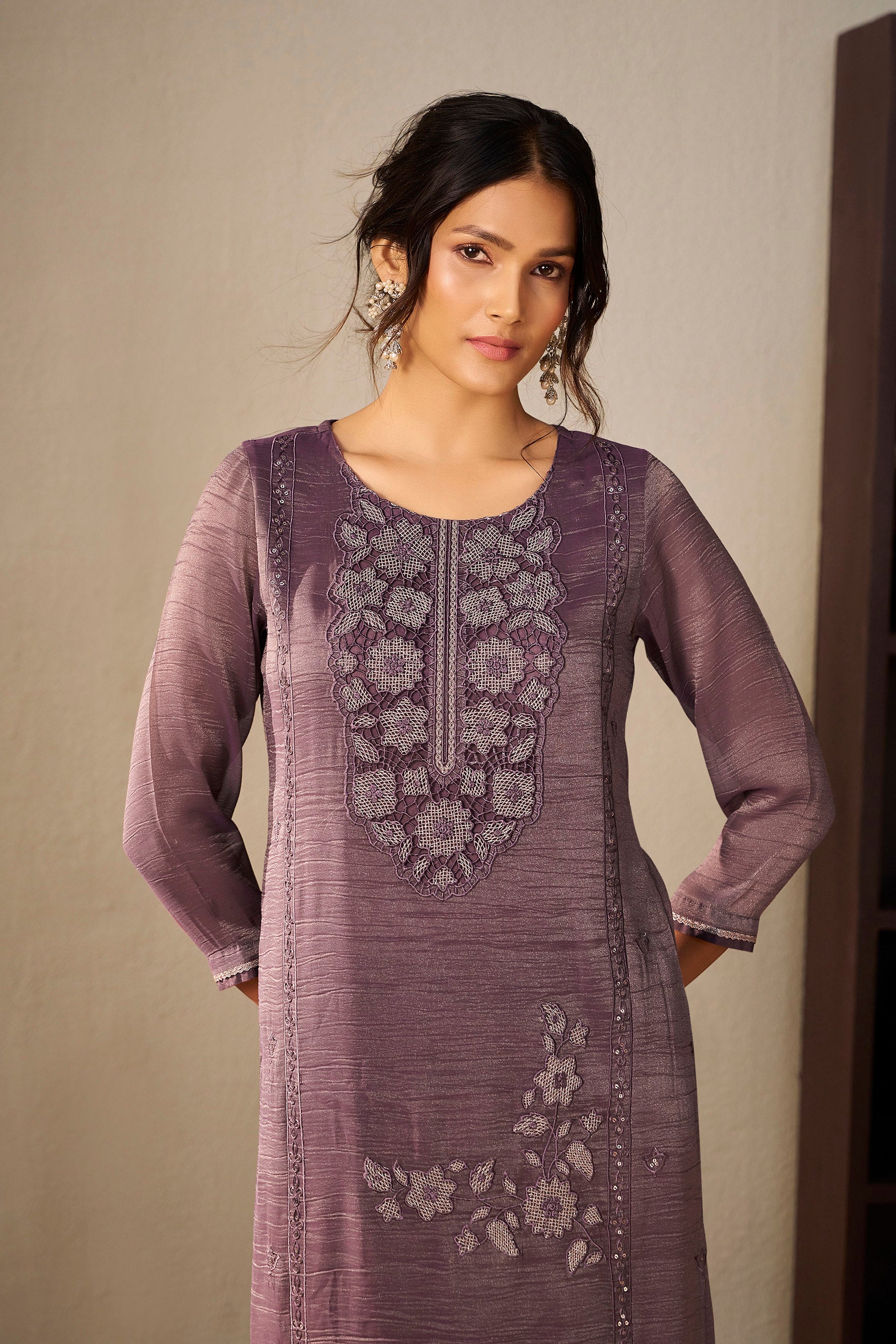 Crush Organza Border Embroidery Set – Purple