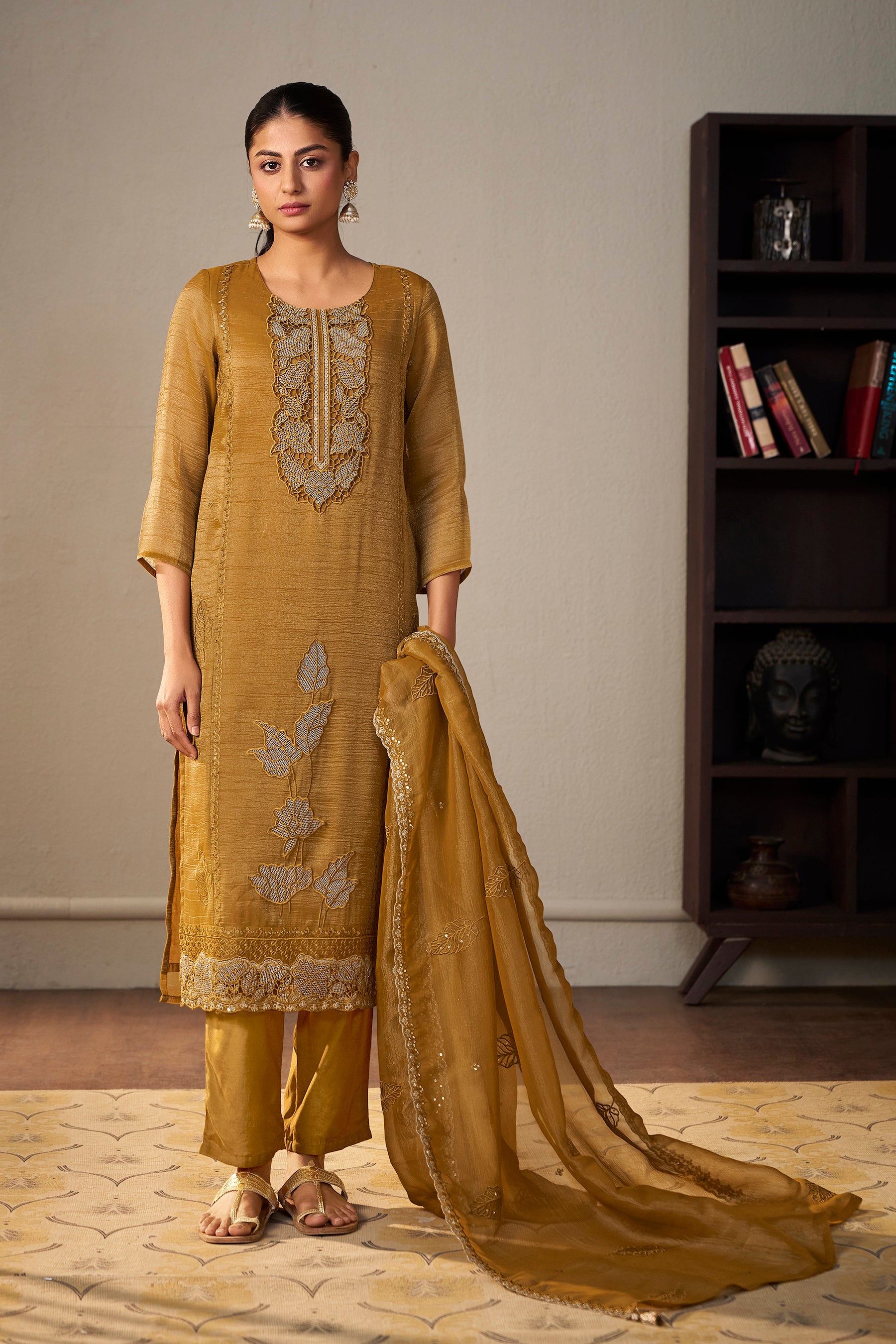 Crush Organza Border Embroidery Set – Mustard