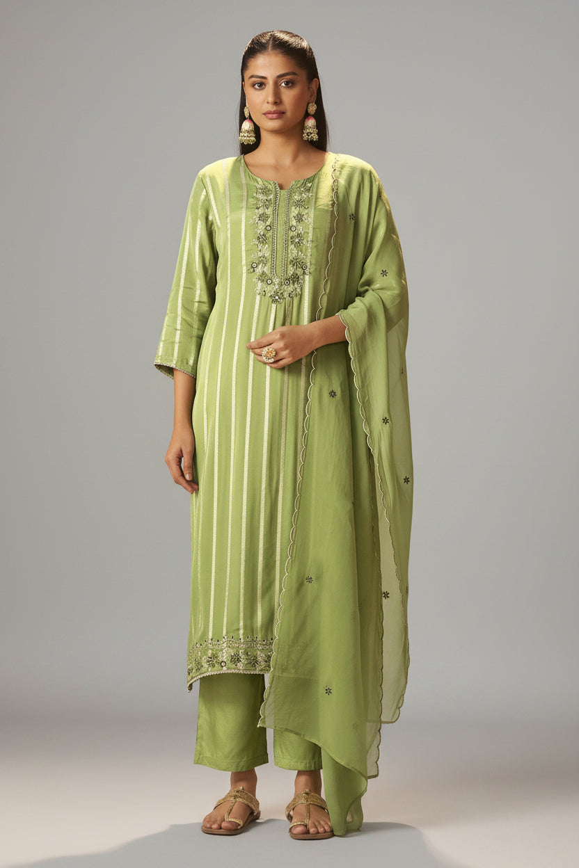 Emerald Organza Jacquard Embroidered Set