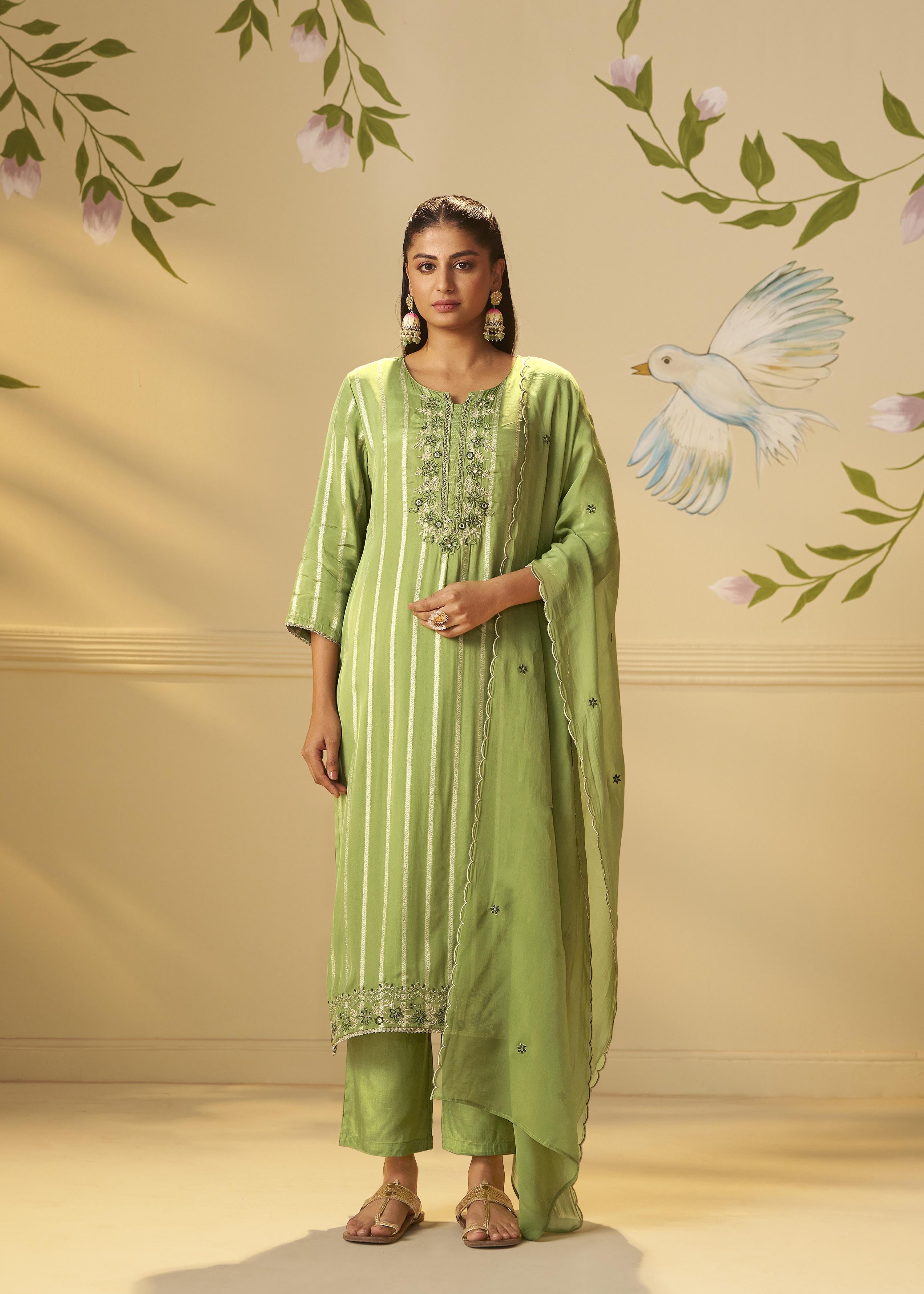 Emerald Organza Jacquard Embroidered Set