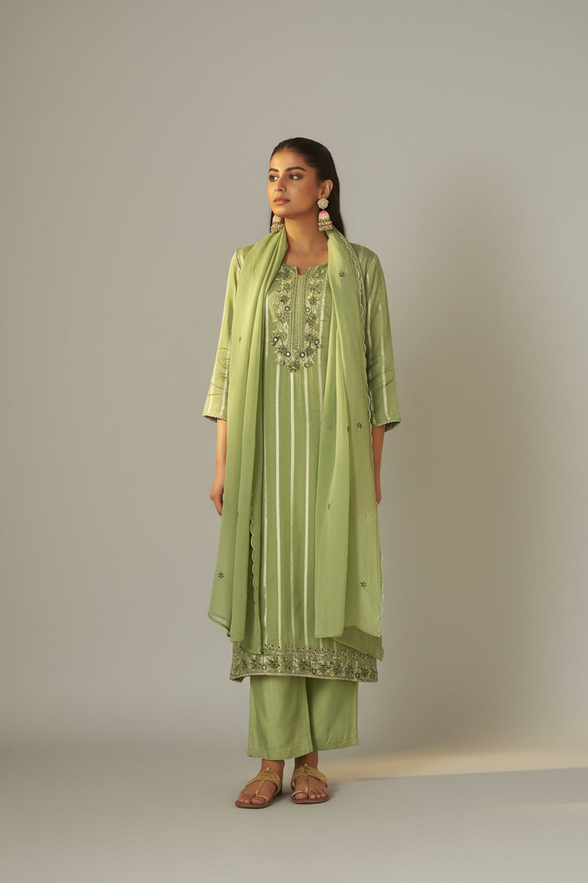Emerald Organza Jacquard Embroidered Set