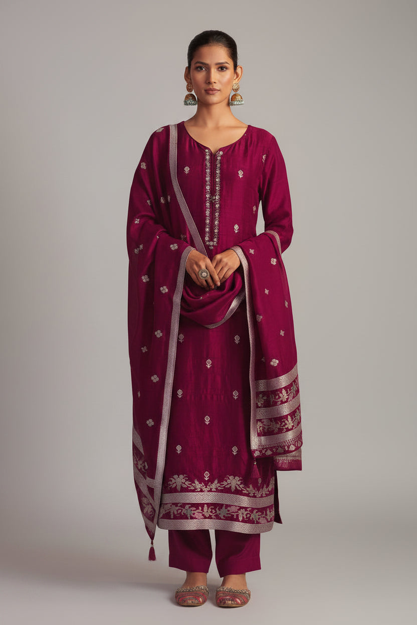 Bhagalpuri Silk Jacquard Set (Handwork)