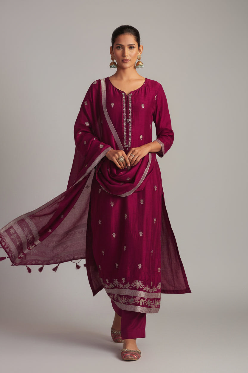Bhagalpuri Silk Jacquard Set (Handwork)