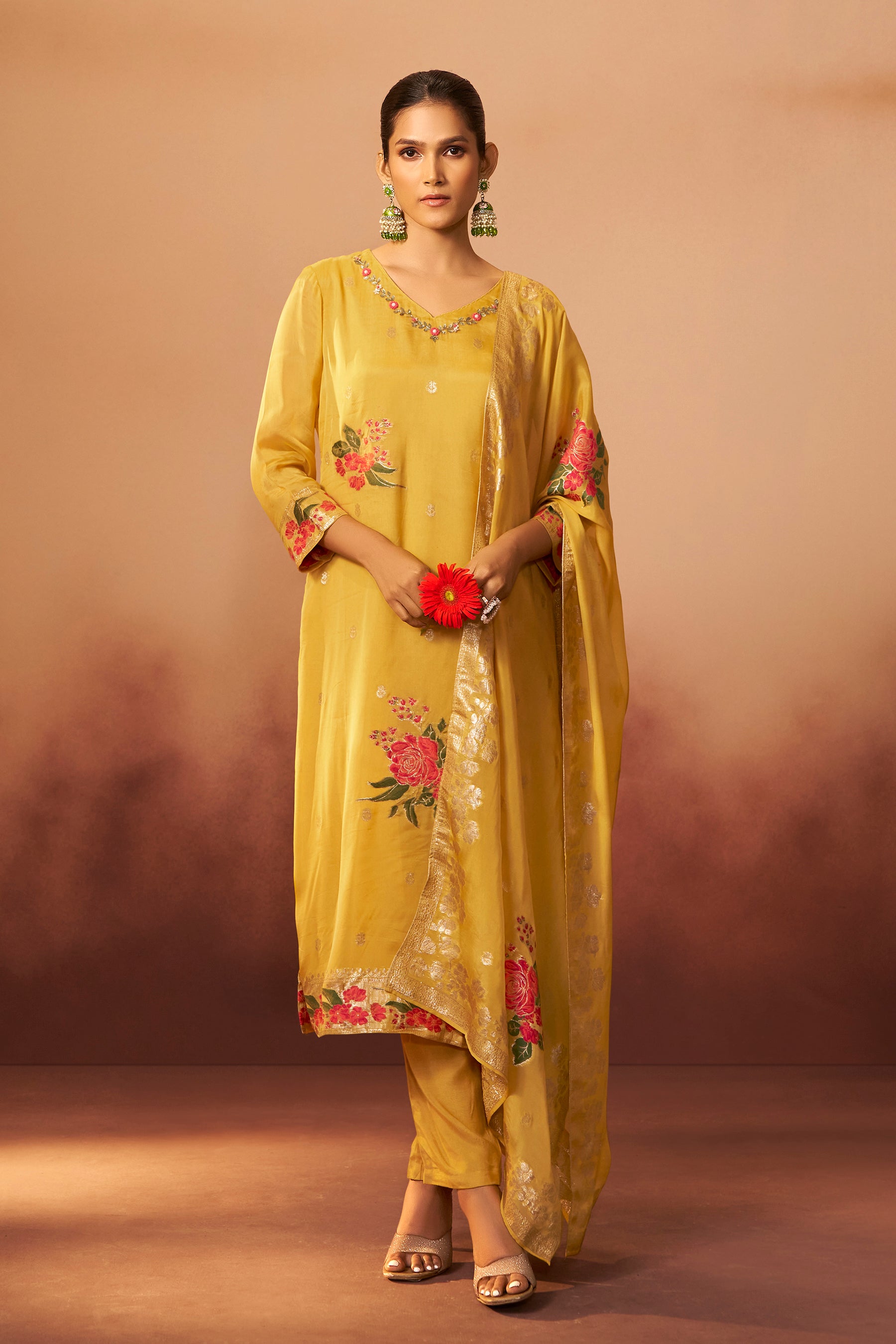 Mustard Organza Kurta Set