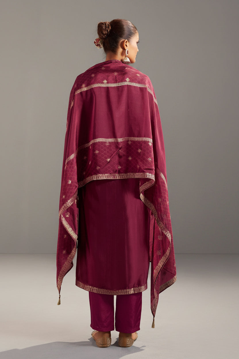Maroon Handworked Silk Festive Kurta Set