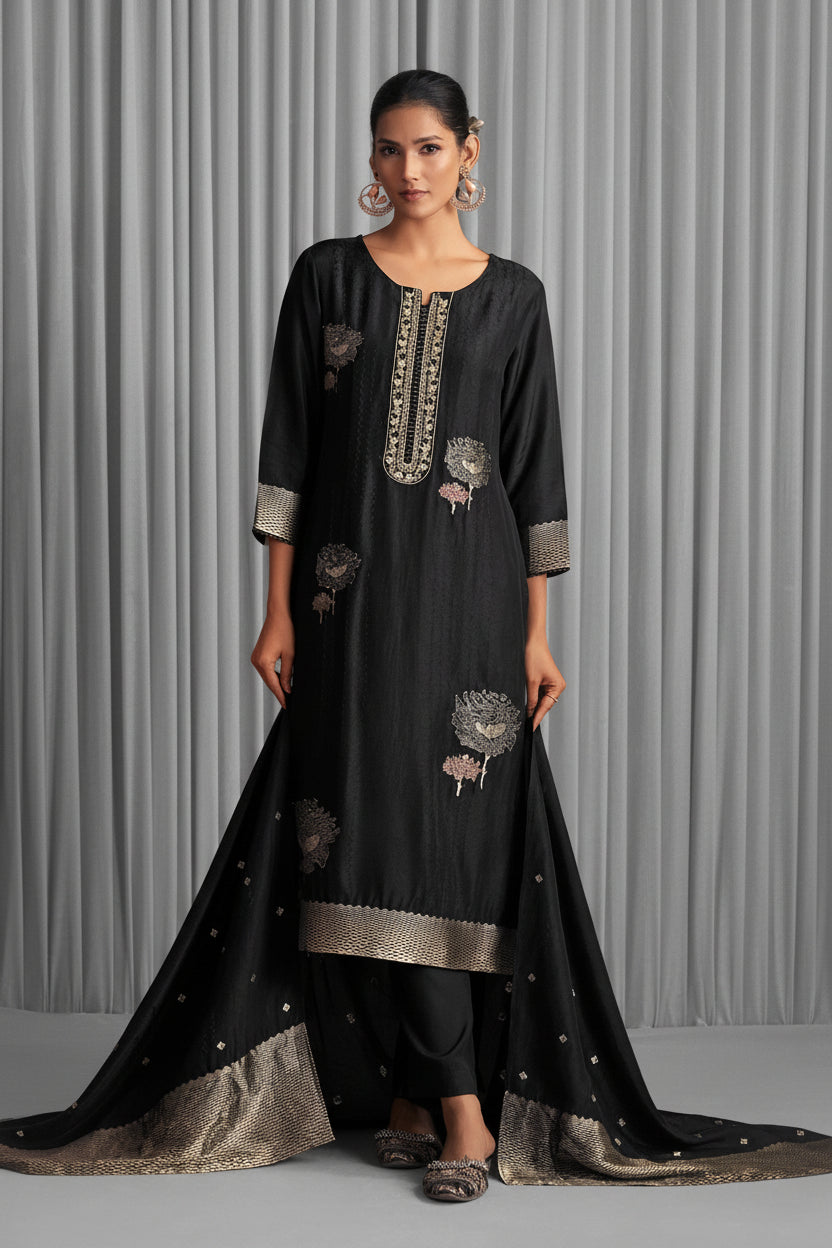 Black Handworked Silk Festive Kurta Set