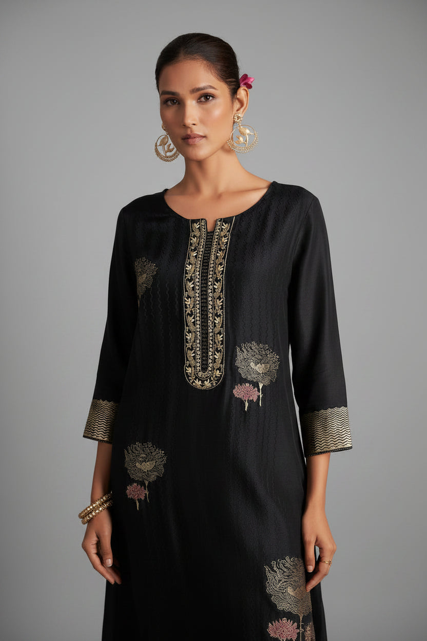 Black Handworked Silk Festive Kurta Set