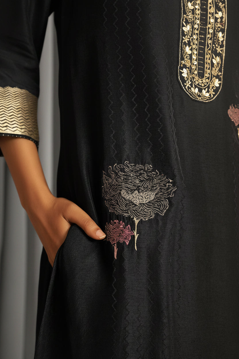 Black Handworked Silk Festive Kurta Set