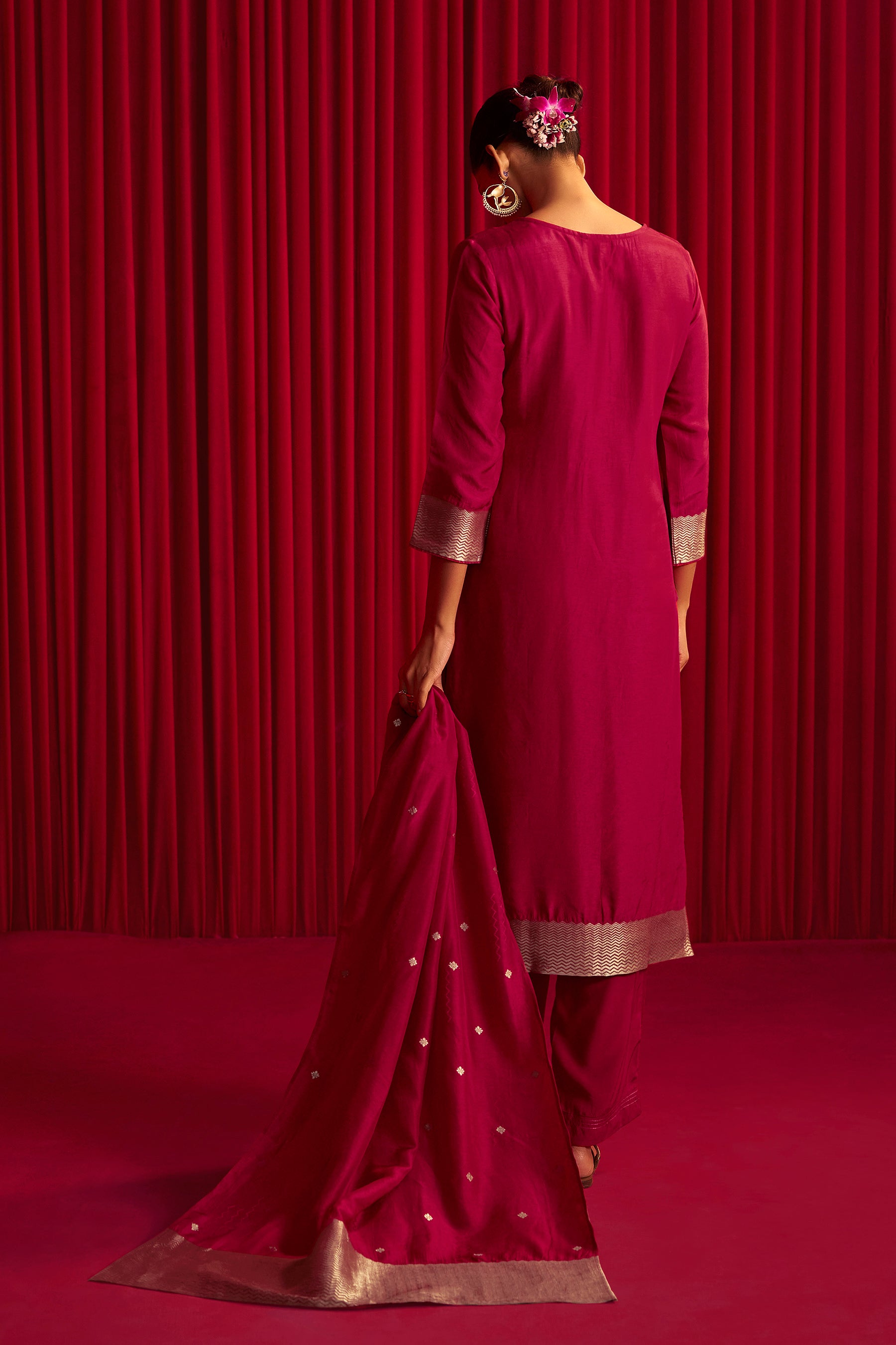 Red Handworked Silk Festive Kurta Set
