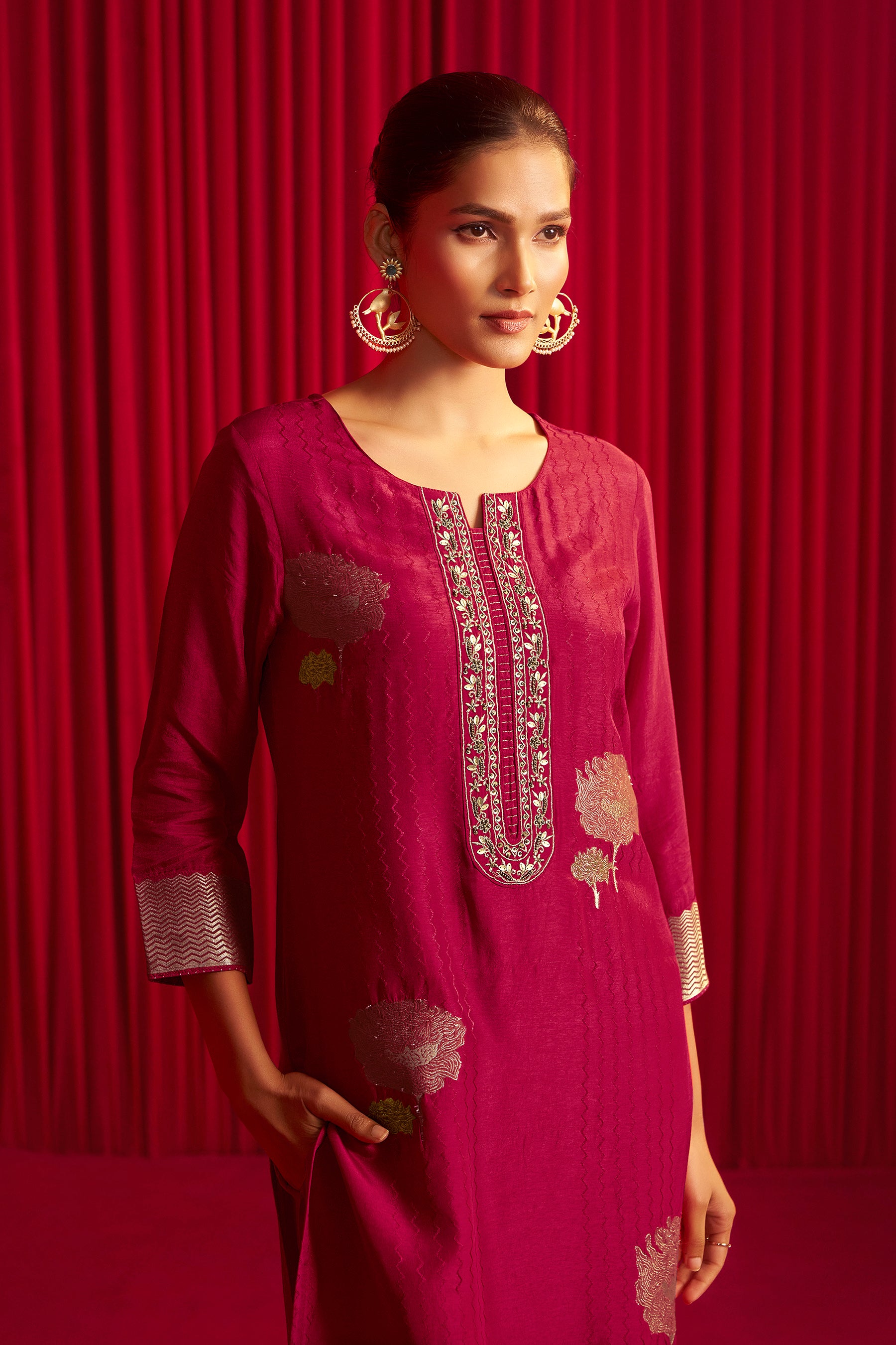 Red Handworked Silk Festive Kurta Set