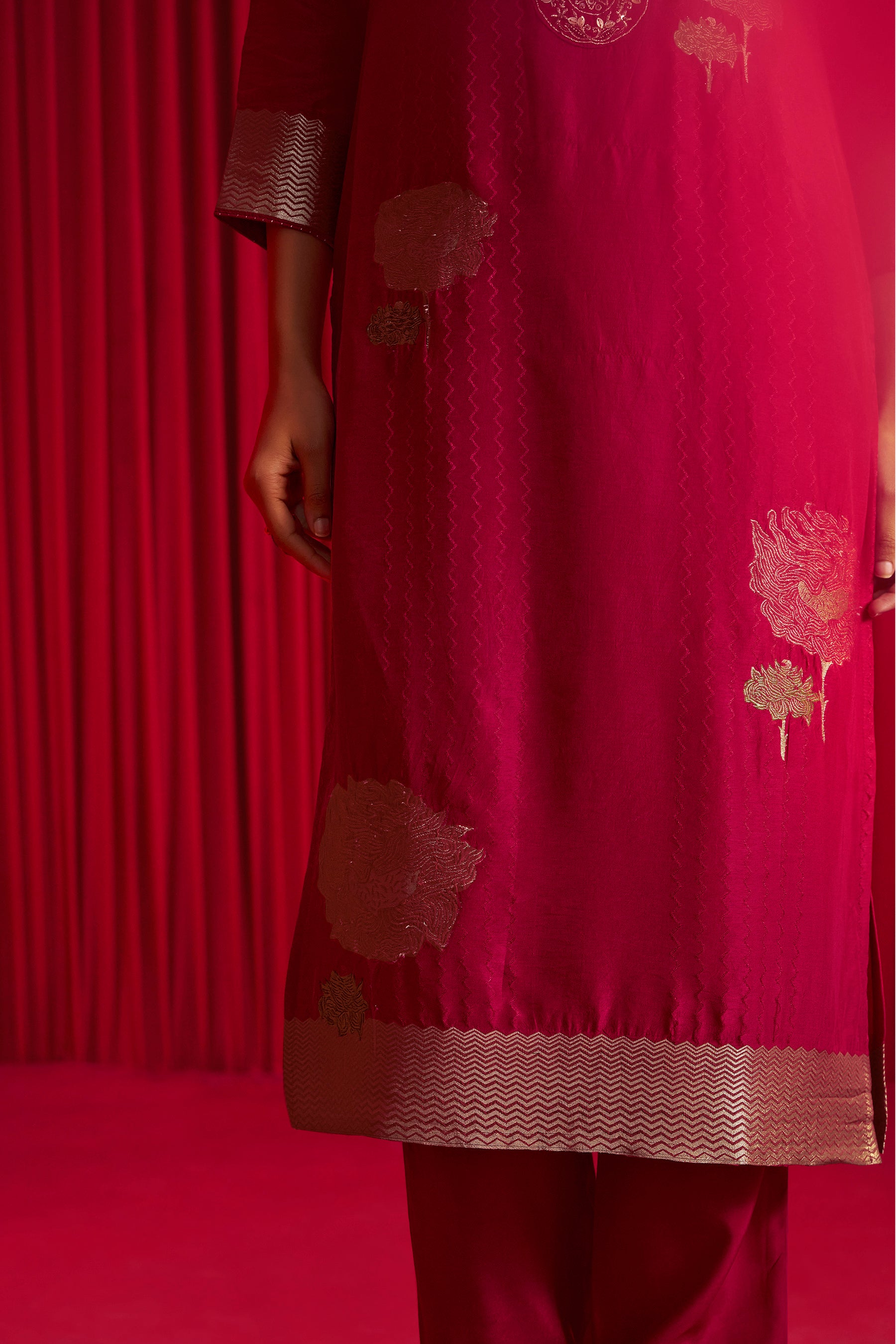 Red Handworked Silk Festive Kurta Set