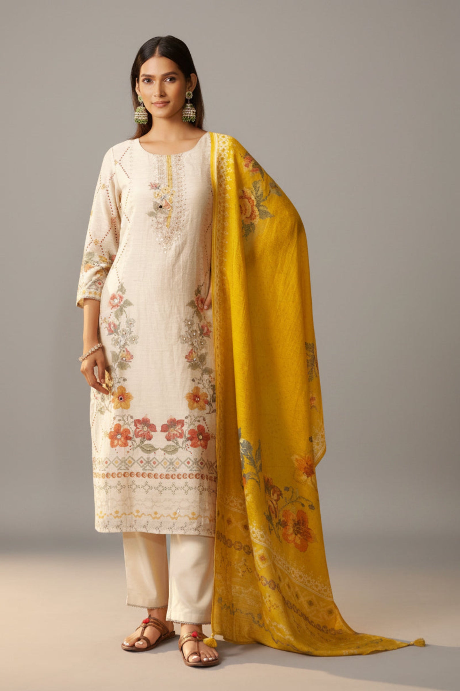 Shimmer Linen Digital Print Set – Cream