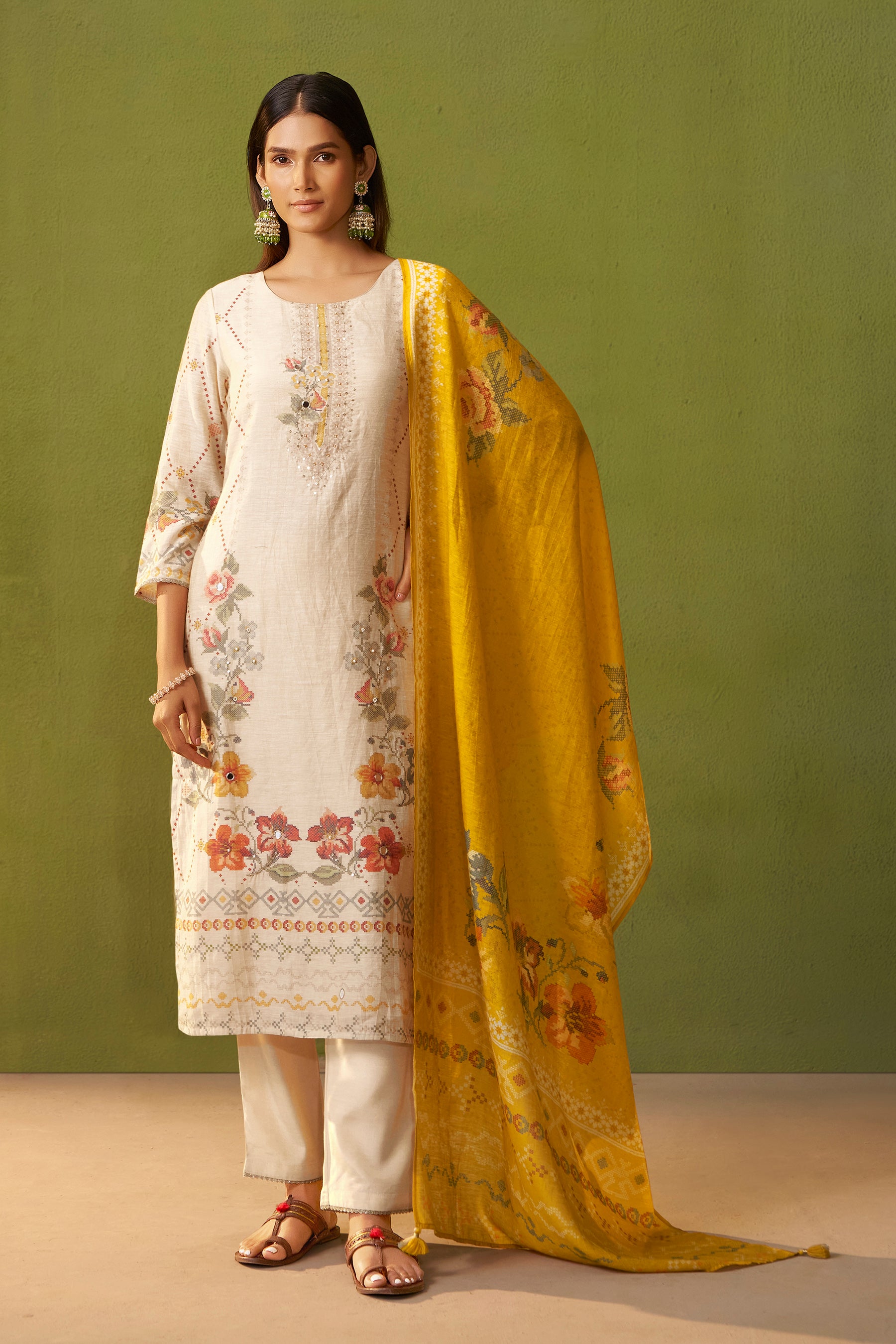 Shimmer Linen Digital Print Set – Cream