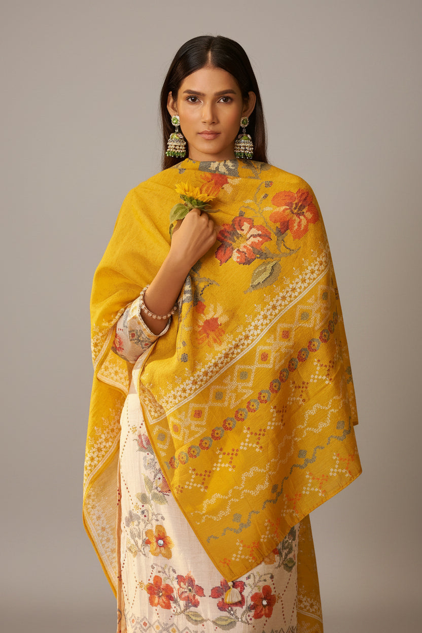 Shimmer Linen Digital Print Set – Cream