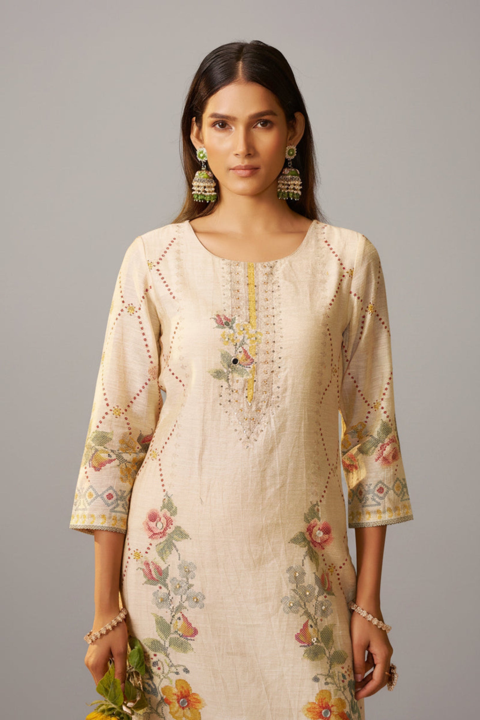 Shimmer Linen Digital Print Set – Cream