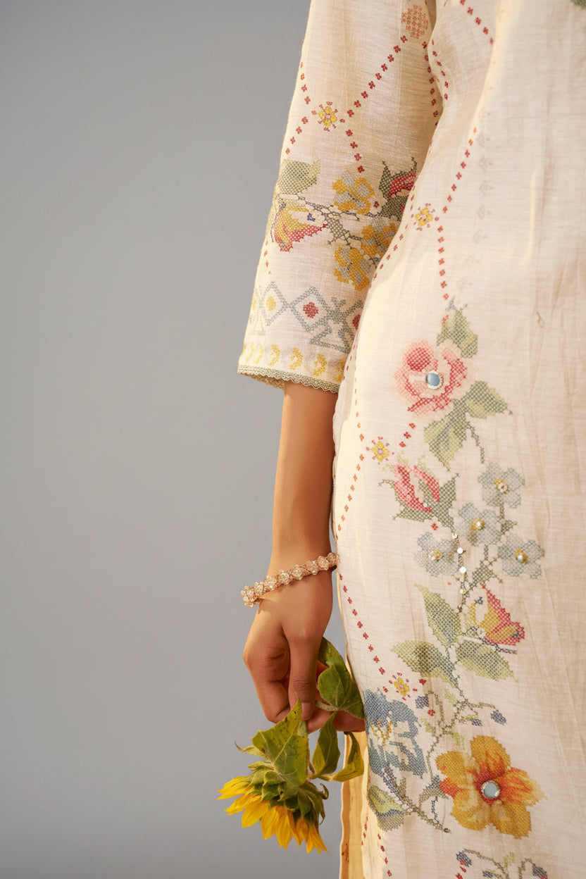 Shimmer Linen Digital Print Set – Cream