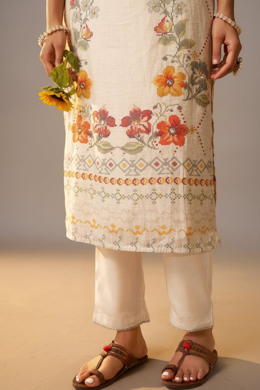 Shimmer Linen Digital Print Set – Cream