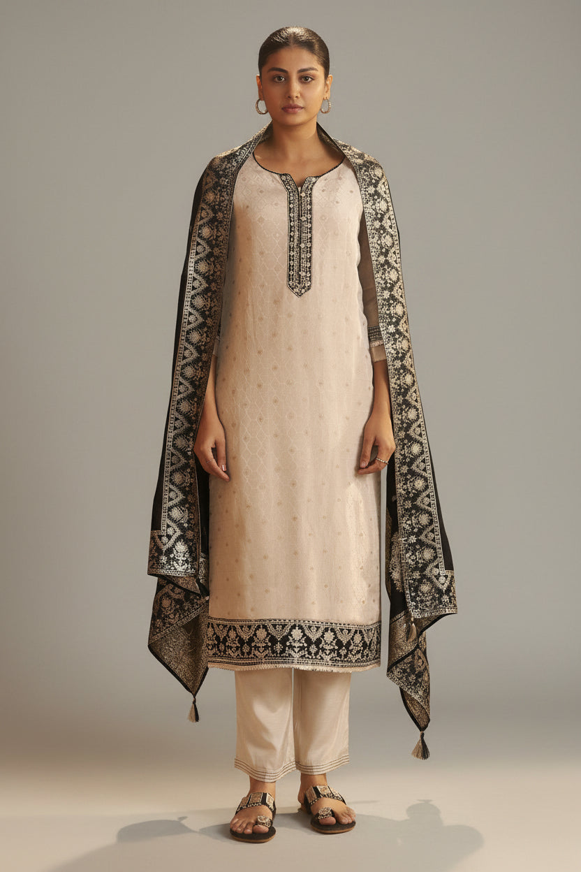 Ivory Tissue Organza Jacquard Ensemble