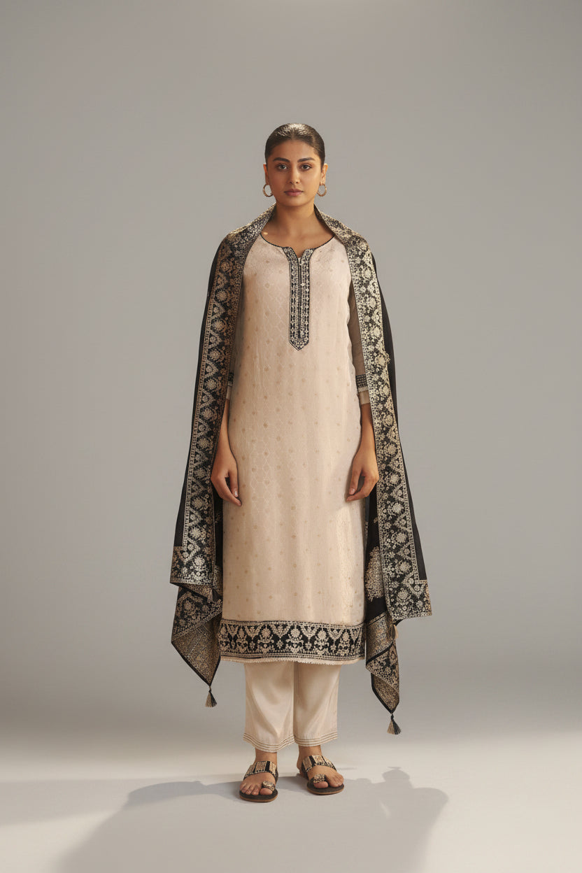 Ivory Tissue Organza Jacquard Ensemble
