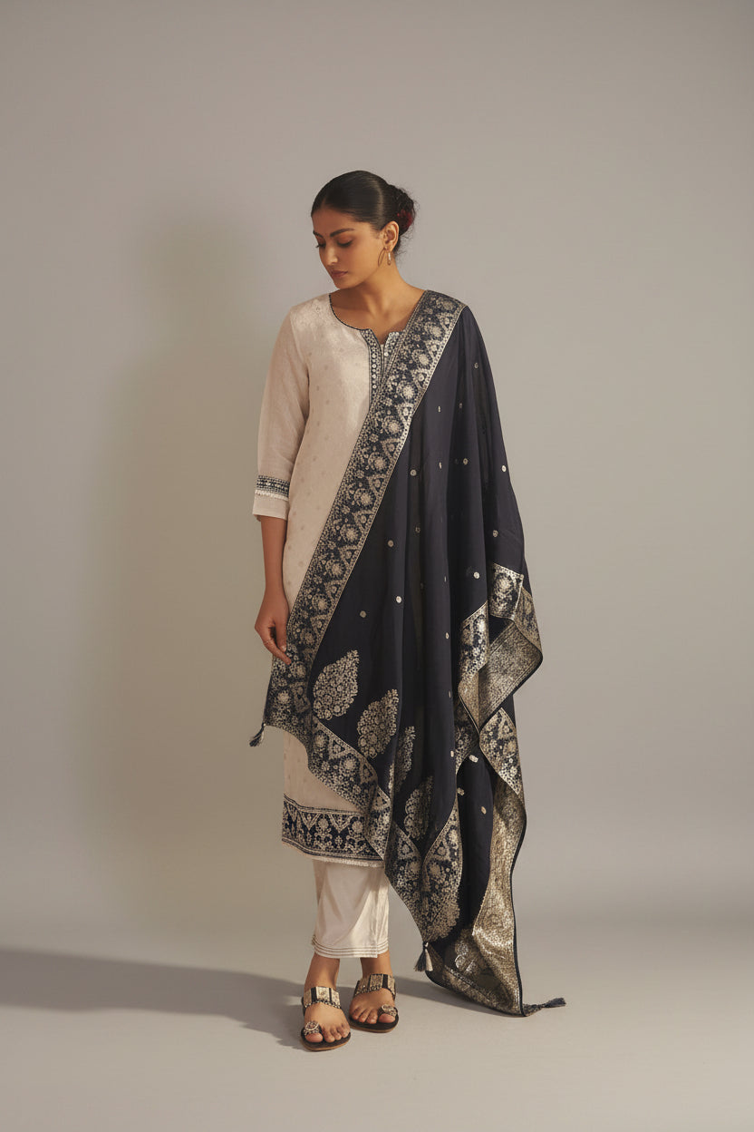 Ivory Tissue Organza Jacquard Ensemble