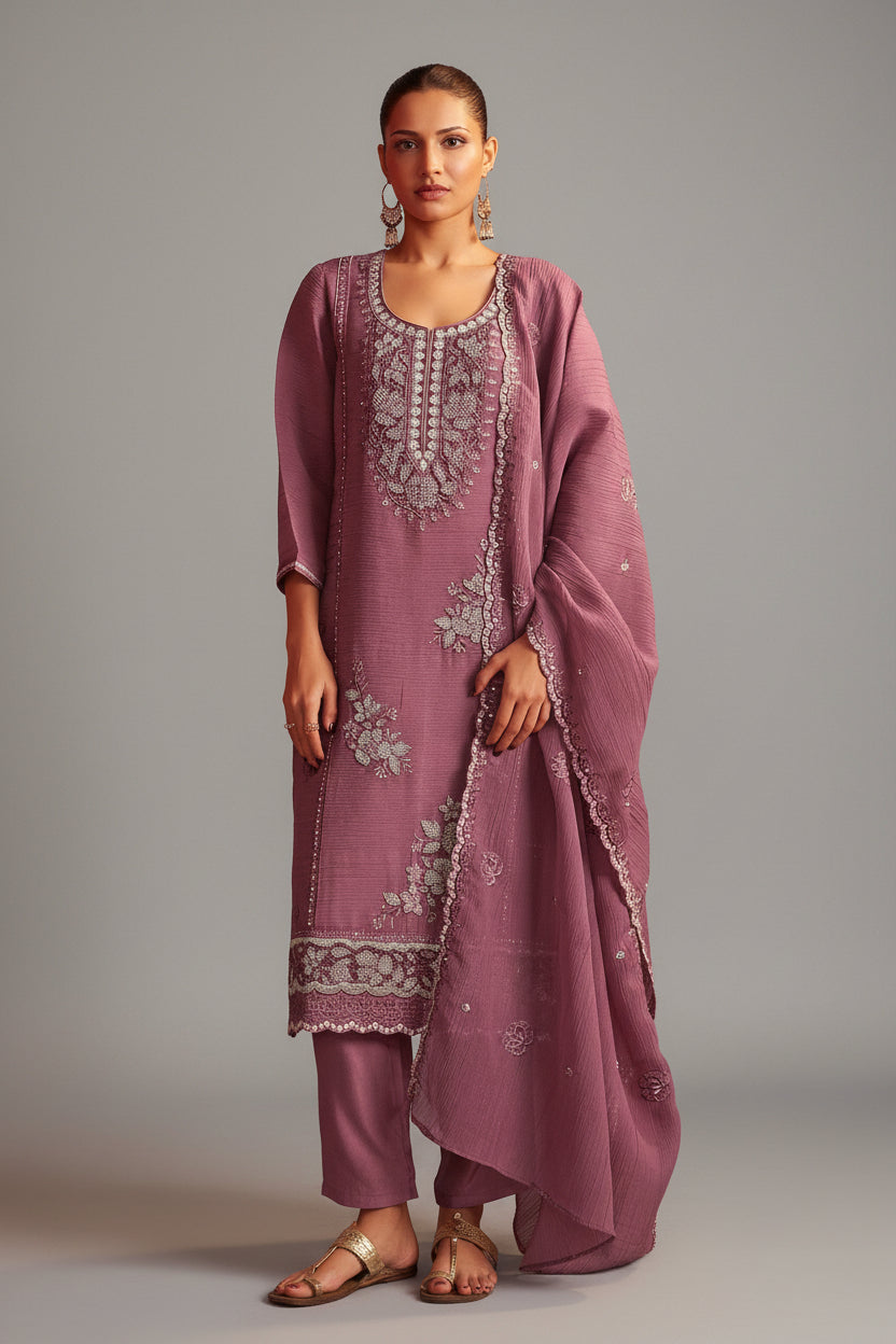Mauve Handworked Silk Festive Kurta Set