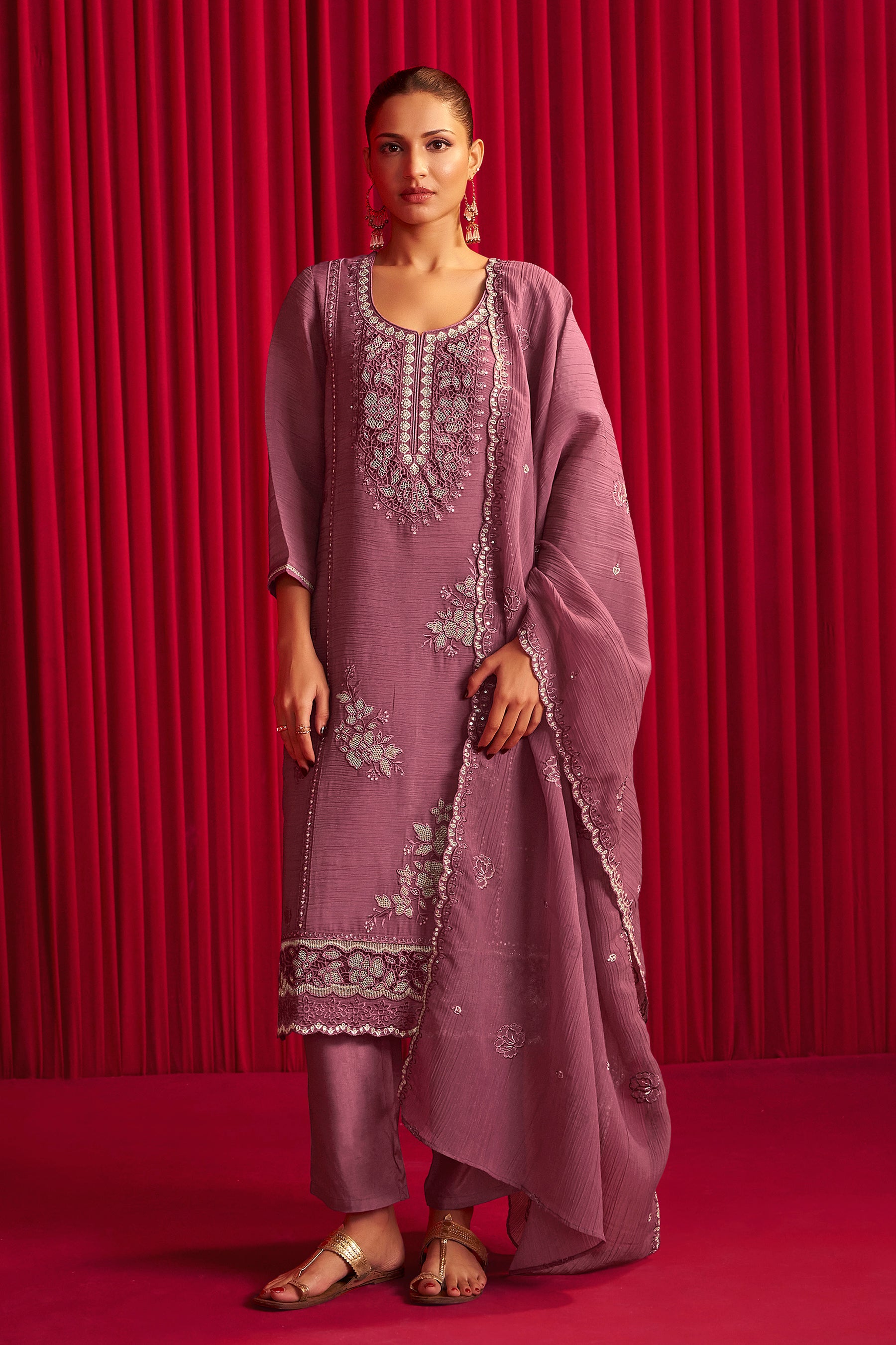 Crush Organza Border Embroidery Kurta Set