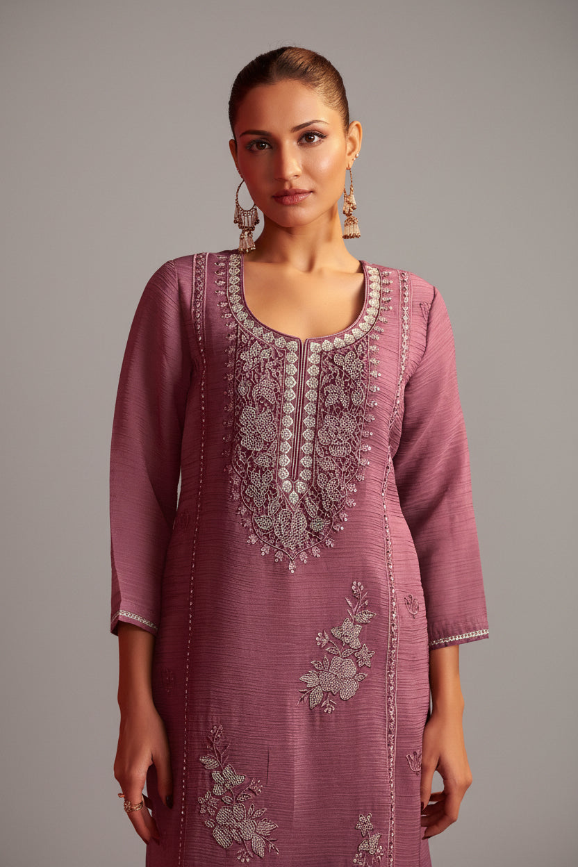 Mauve Handworked Silk Festive Kurta Set