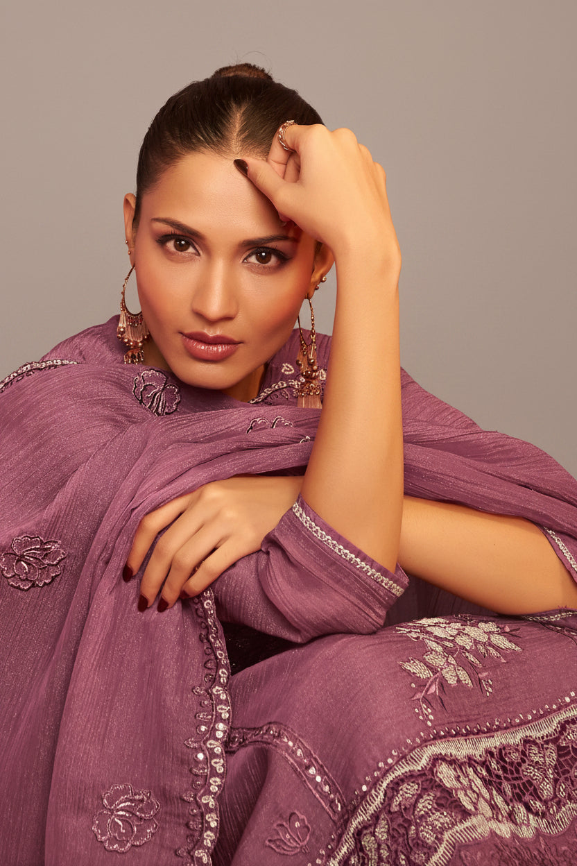 Mauve Handworked Silk Festive Kurta Set