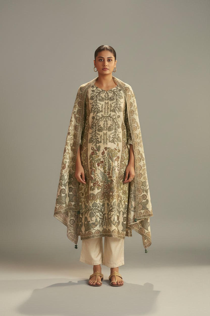 Warm CreamShimmer Linen Digital Print Kurta Set
