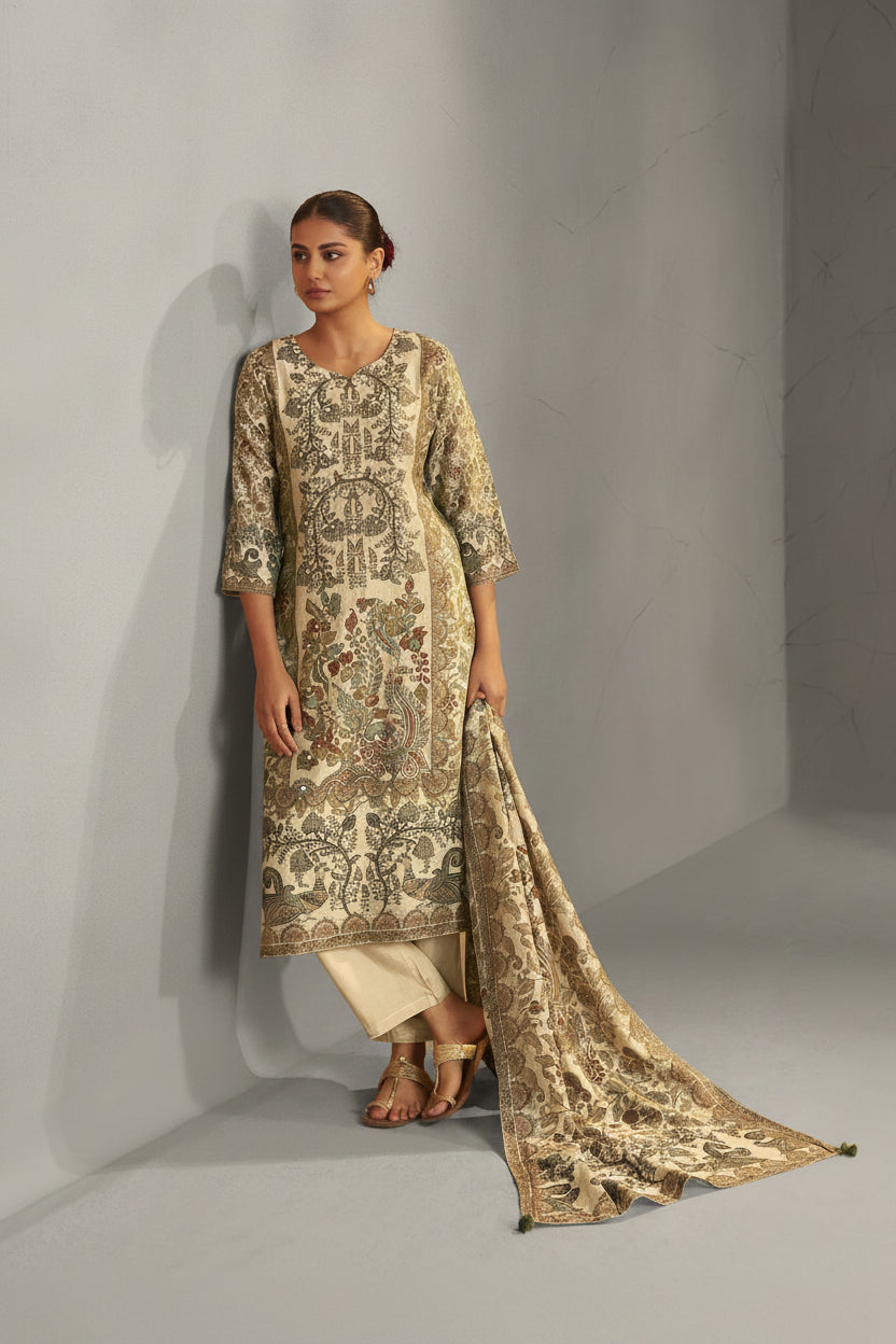 Warm CreamShimmer Linen Digital Print Kurta Set