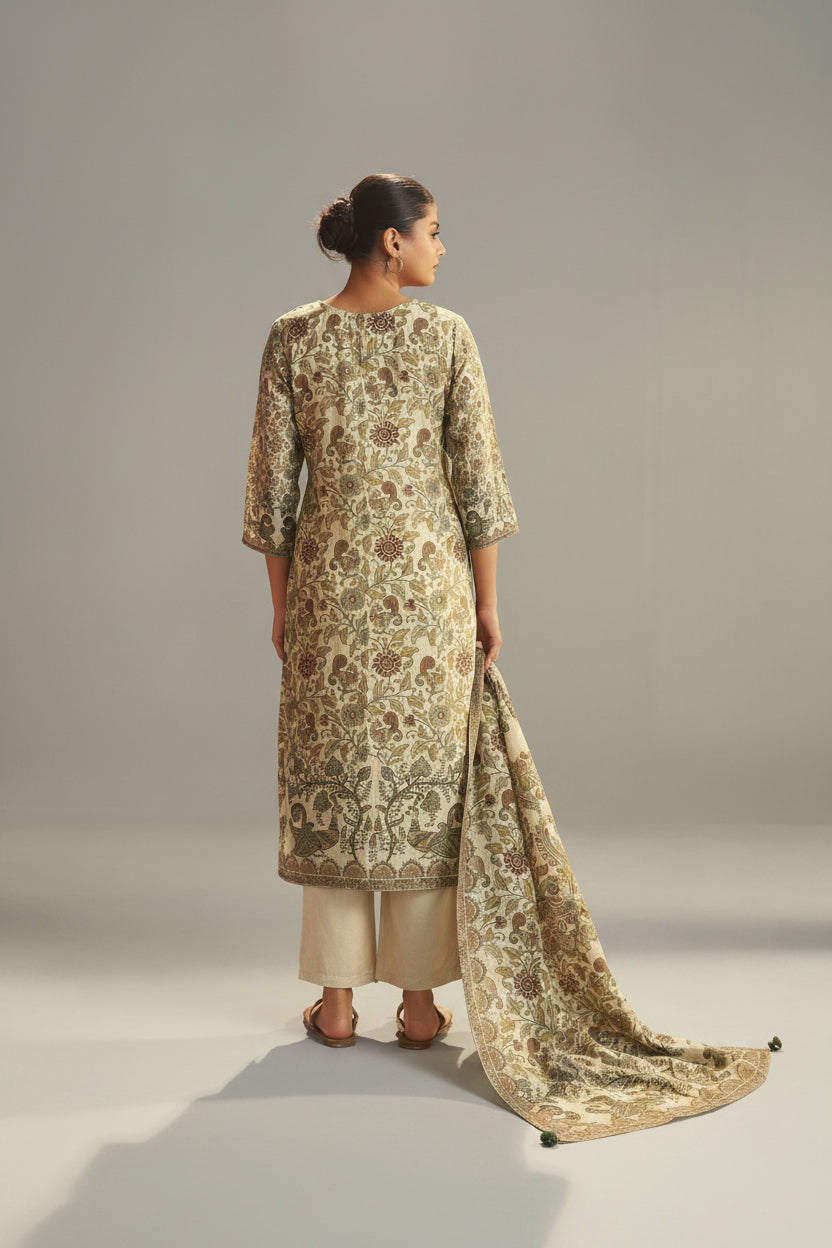 Warm CreamShimmer Linen Digital Print Kurta Set