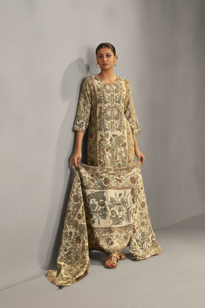 Warm CreamShimmer Linen Digital Print Kurta Set