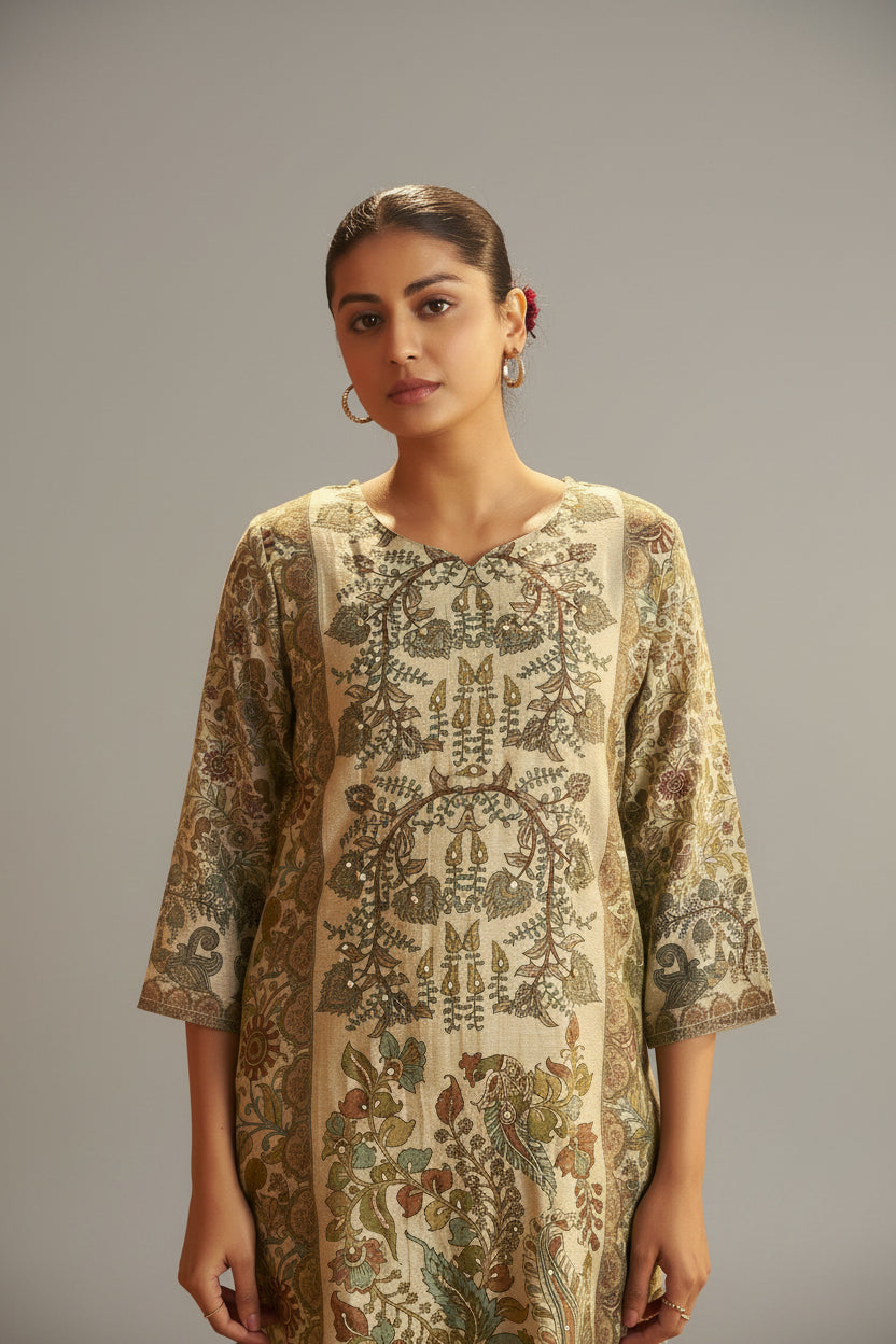 Warm CreamShimmer Linen Digital Print Kurta Set