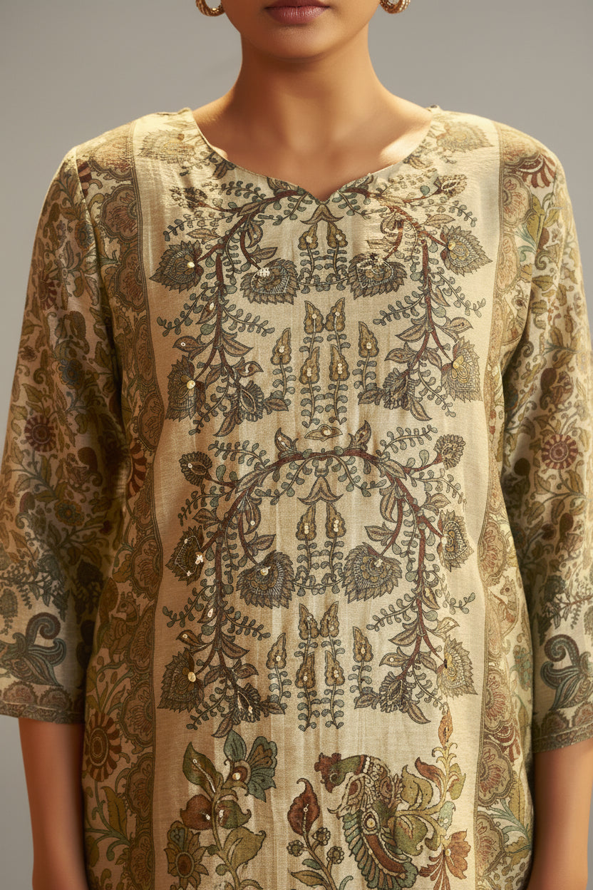Warm CreamShimmer Linen Digital Print Kurta Set